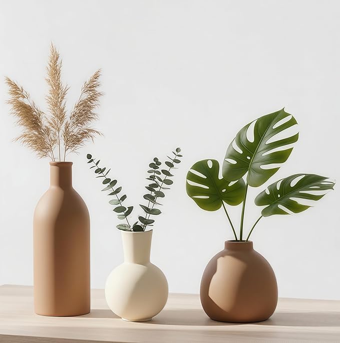Ceramic Vase Set of 3, Modern Minimalist Farmhouse Style Home Decor Vases, Ideal for Pampas Grass & Dried Flowers, Perfect for Kitchen, Bedroom, Living Room & Dining Table Centerpiece(Brown)