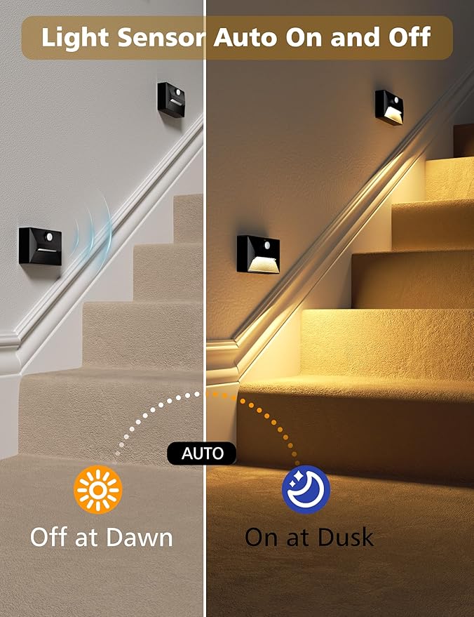 NIORSUN Motion Sensor Night Light, Rechargeable Stair Lights Indoor, 3 Colors and Motion Modes Battery Night Light with Light Sensor for Stairway, Hallway, Bathroom, Kitchen, Bedroom Black 8 Pack