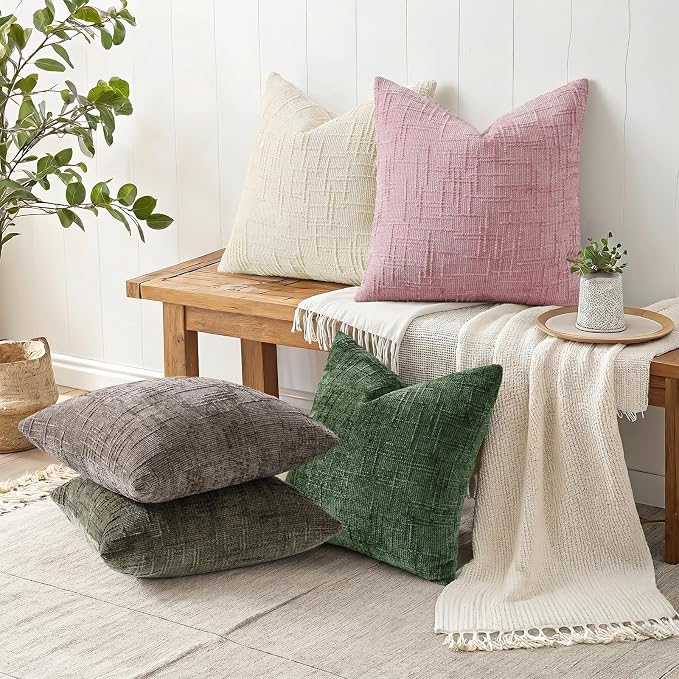 decorUhome Textured Chenille Throw Pillow Covers 26x26 Set of 2 Blush Pink | Fall Modern Farmhouse Soft Cozy Slubby Couch Pillow Cases Boho Decorative Pillow Cases for Bed Sofa Living Room Home Decor