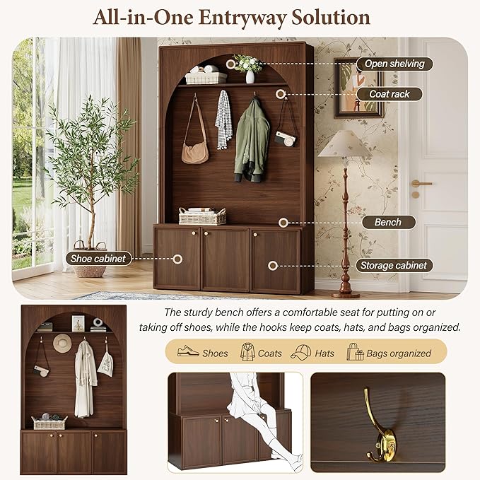 LUMISOL Farmhouse Hall Tree with Storage Bench, Arched Design Coat Rack with 4 Golden Hooks and Adjustable Shelves, Entryway Bench with 3 Cabinets, Retro Hall Cabinet for Living Room, Walnut