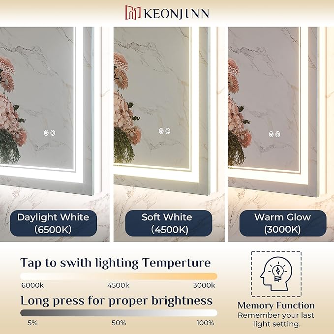 Keonjinn 44" x 36" Bathroom Mirror with Lights, Frontlit & Backlit LED Bathroom Mirror, Safe Tempered Glass, Anti-Fog, 3000K/4500K/6500K, Dimmable, UL-Listed, Frameless LED Wall Mirror