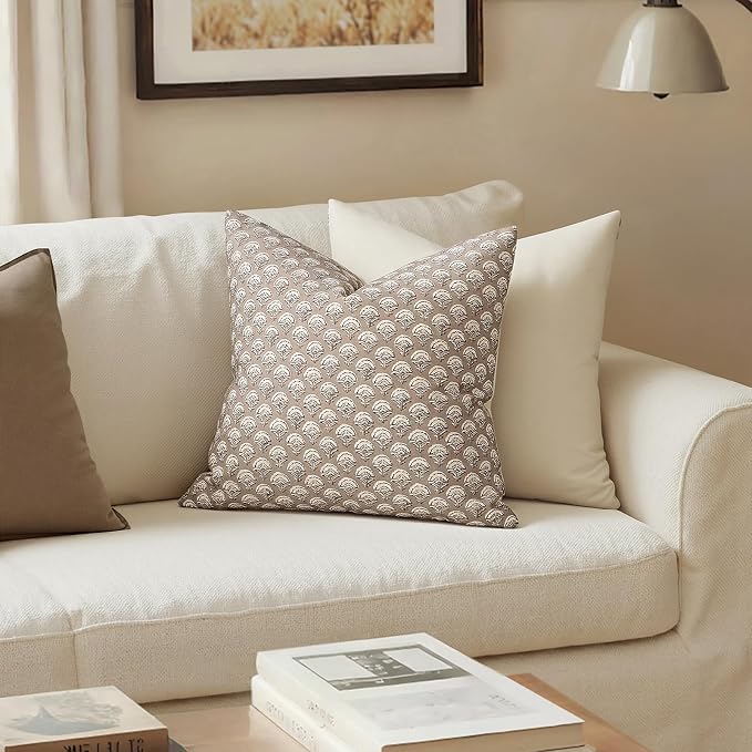 MIULEE Floral Print Decorative Pillow Covers 20x20, Light Taupe | Vintage Boho Farmhouse Modern Home Decor, Set of 2, Block Print Cushion Covers for Couch Sofa Bed Living Room