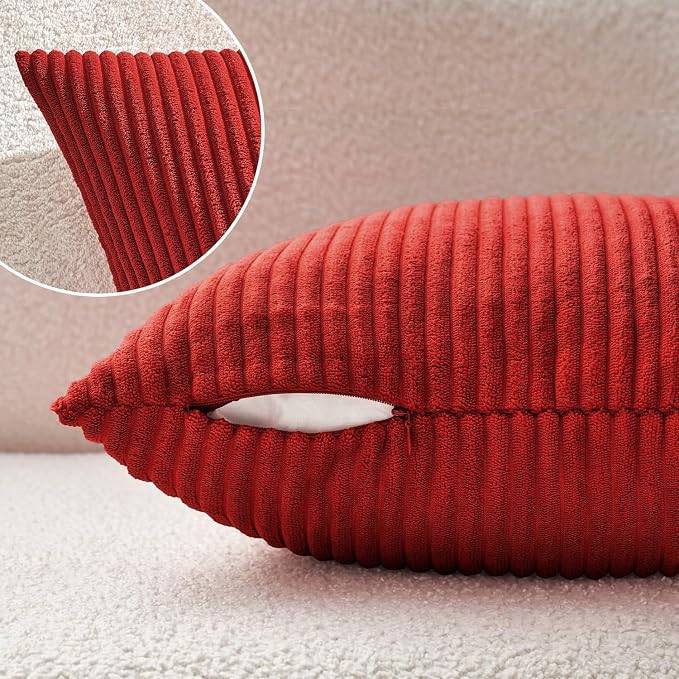 MIULEE Euro Corduroy Throw Pillow Covers Set of 2 24x24 Christmas Red | Decorative Striped Textured Cushion Cases, Boho Energetic Vibe Pillowcases, Home Decor for Couch Chair Sofa Bed Living Room