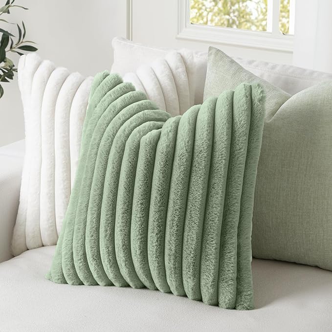 MIULEE Faux Fur Decorative Throw Pillow Covers 18x18 Set of 2 Sage Green | Modern Soft Plush Couch Pillows, Cozy Fluffy Cushion Covers for Sofa Bed Living Room Home Decor