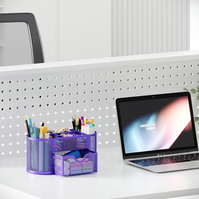 EasyPAG Mesh Pen Holder Desk Organizer with Drawer Stationery Supplies Organizer for Dorm School 9 Compartments Workspace Desk Accessories Organization for Office, Purple