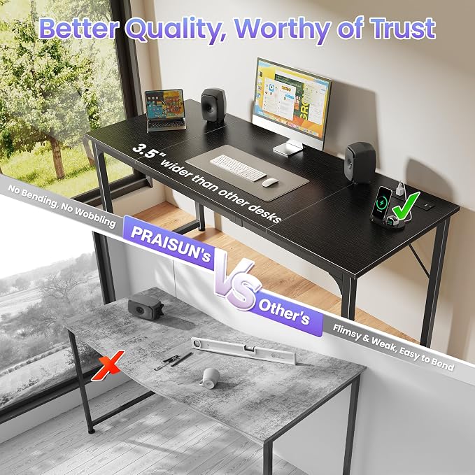 PRAISUN 63 X 24 Inch Computer Desk, Power Outlets, USB-C, Black | Office Desk with 4 AC Outlets, USB & USB-C, Sturdy Metal Frame, Spacious Desktop for Work, Writing, Study & Gaming