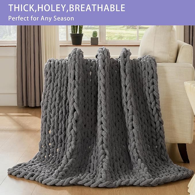 Bigacogo Chunky Knit Throw Blanket for Couch, 40x60 inches, Slate Gray | Hand Knit with Jumbo Chenille, Soft Breathable Cable Knit for Sofa Bed Living Room, Machine Washable, Gift for Mom Friend