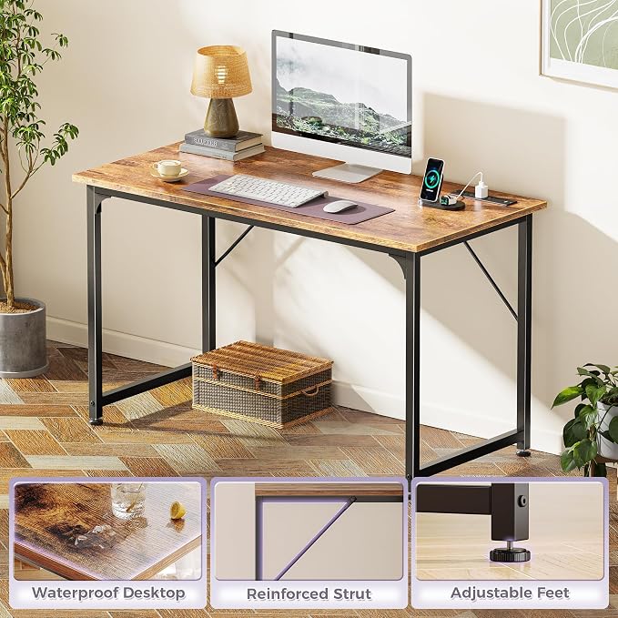 PRAISUN 40 X 20 Inch Computer Desk, Power Outlets, USB-C, Rustic Brown | Office Desk with 4 AC Outlets, USB & USB-C, Sturdy Metal Frame, Spacious Desktop for Work, Writing, Study & Gaming
