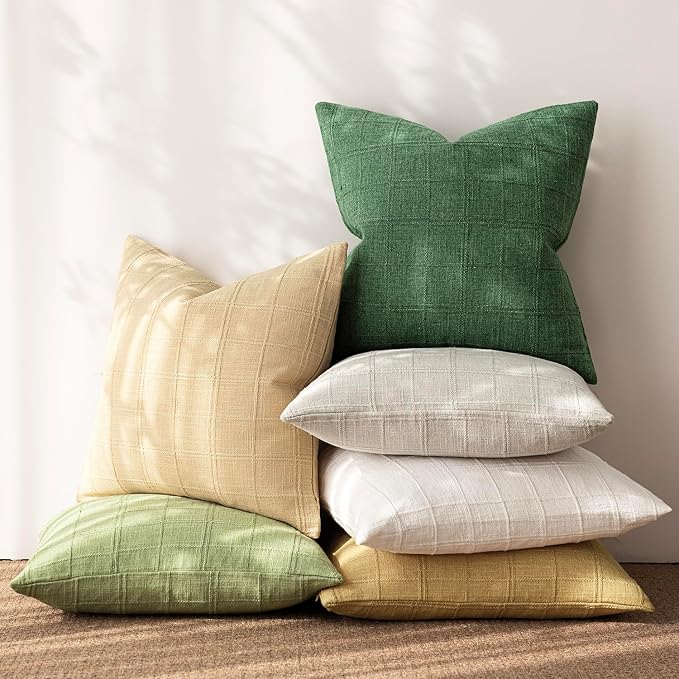 Foindtower Set of 2 Decorative Linen Check Throw Pillow Covers Neutral Farmhouse Vintage Cushion Covers Modern Boho Accent Home Decor for Sofa Chair Couch Bedroom Living Room,20×20 Inch,Forest Green