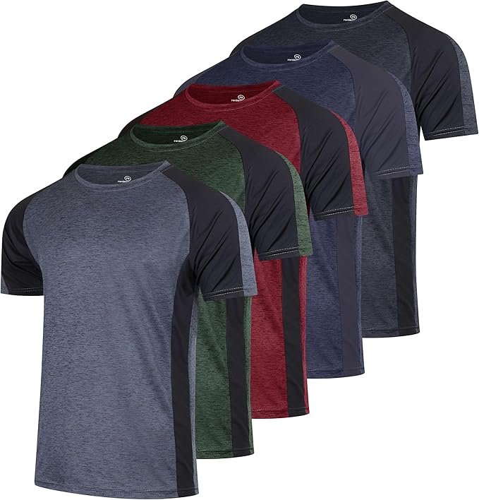 5 Pack Men's Dry Fit Short Sleeve T-Shirt Gym Workout Athletic Running Tee | Cooling, Moisture-Wicking, Crew Neck, Quick-Dry, Breathable, Active, Exercise, Fitness, Basketball, Cycling, Hiking, Tennis