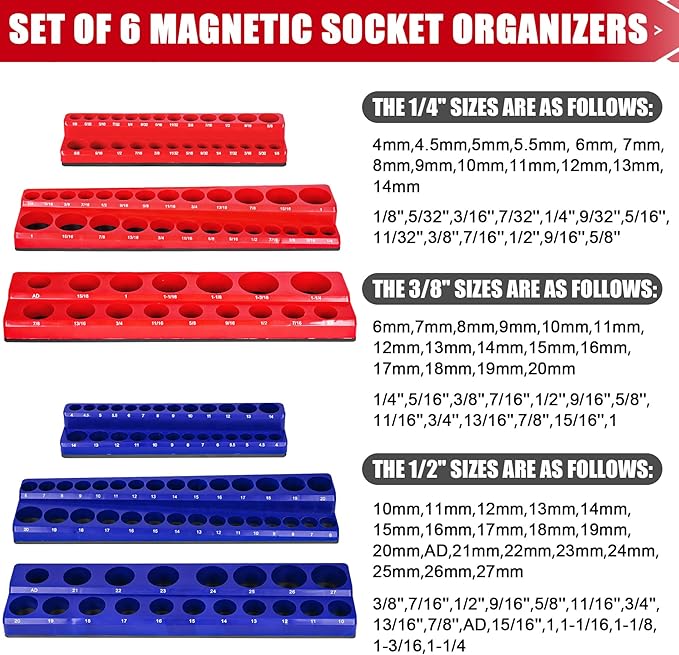 Magnetic Socket Organizer Holder 6-Piece (1/4 In, 3/8 In, 1/2 In Drive Metric SAE) Magnet Socket Rail Trays Storage Set Holds 143 Sockets for Tool Box Drawer