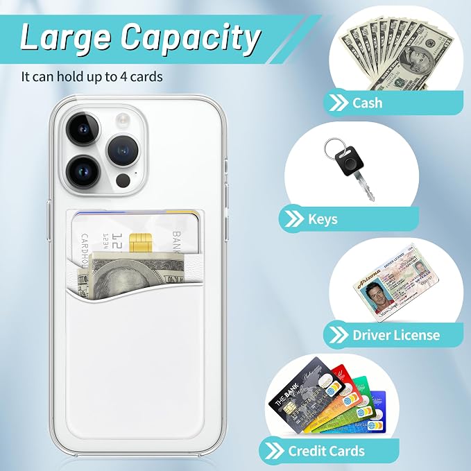SHANSHUI Phone Wallet, Strong Adhesive Silicone Wallet Sleeve Pocket ID Credit Card Holder Stick on Fit for iPhone & All Smartphones White