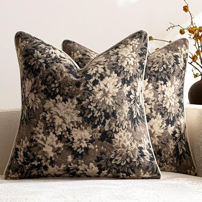 Pack of 2 Vintage Floral Euro Sham Covers 26x26 Boho Farmhouse Accents Chenille Square Decorative Throw Pillow Cases for Living Room Couch Bed Home Decor, Taupe
