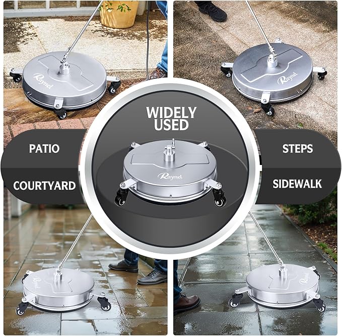 RAYNEL 18'' Pressure Washer Surface Cleaner with 4 Wheels, Stainless Steel Housing, 1/4" Quick Plug, 2 Extended Wands, 2 Replacement Nozzles and 5 Spray Nozzles