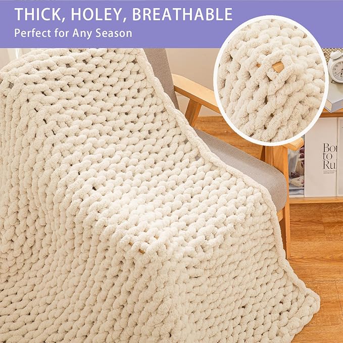 Bigacogo Chunky Knit Throw Blanket for Couch, 40x80 inches, Beige | Hand Knit with Jumbo Chenille, Soft Breathable Cable Knit for Sofa Bed Living Room, Machine Washable, Gift for Mom Friend