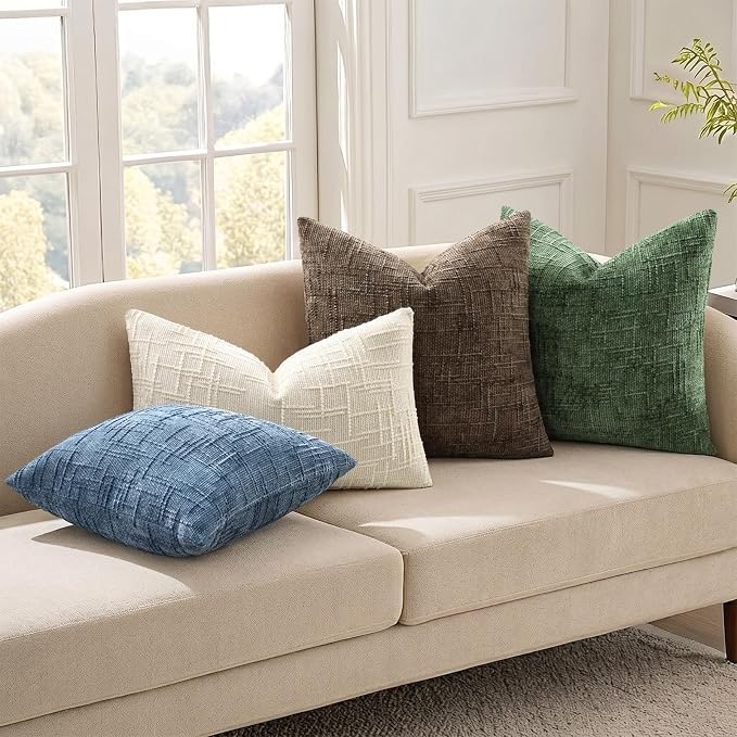 decorUhome Textured Chenille Throw Pillow Covers 20x20 Set of 2 Light Cream | Fall Modern Farmhouse Soft Cozy Slubby Couch Pillow Cases Boho Decorative Pillow Cases for Bed Sofa Living Room Home Decor