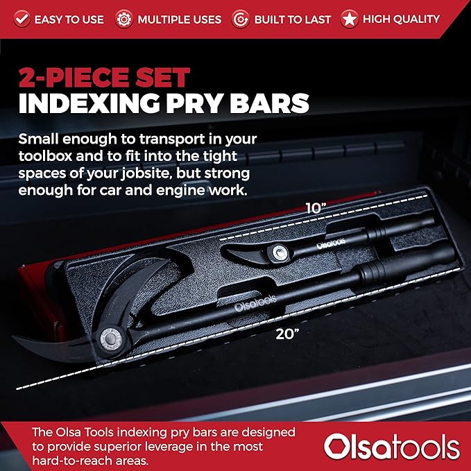 Olsa Tools 2pc Indexing Pry Bar | Heavy Duty 10 and 20 inch Indexable Prybars | Indexing Pry Bar Set for Mechanics | Automotive Pry Bar | Premium Tools for Professional Mechanics | Professional Grade