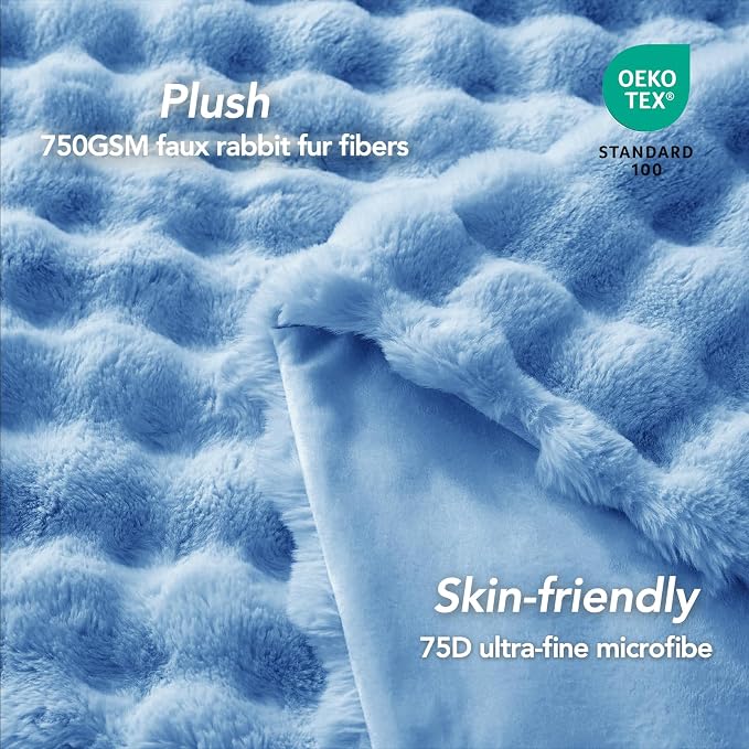 L'AGRATY Faux Rabbit Fur Throw Blanket for Couch, 60'' x 80'', Airy Blue | Soft Cozy Bubble Fluffy Blanket for Sofa Bed, Thick Warm Plush Fuzzy Throw for Room Home Decor, Luxury Gift for Women Mom