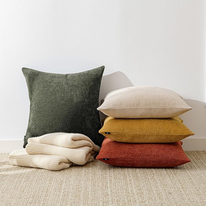 a moment Pack of 2 Decorative Chenille Throw Pillow Covers with Twill Cushion Covers for Sofa Living Room Couch Bed 16x16 Inch Olive Green