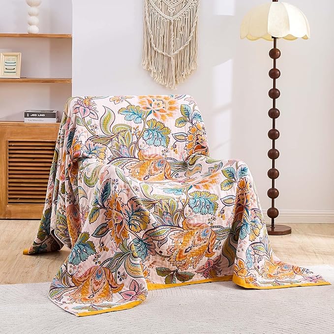 XIBLC Boho Throw Blanket for Bed, 100% Cotton Soft Rustic Quilt Fall Blanket, 50"x60" Floral Printed Farmhouse Decor Bed Blankets, All Season Rustic Reversible Bohemian Throw Quilt
