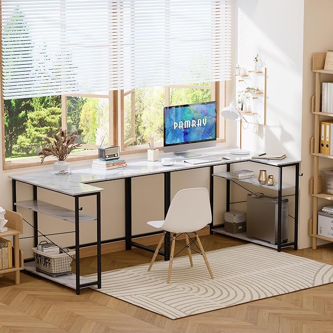 Pamray 43 Inch L Shaped Computer Desk with Reversible Side Storage Shelves, Small Corner Desk for Small Space Home Office,Writing Study Table PC Desk for Bedroom,White Marble