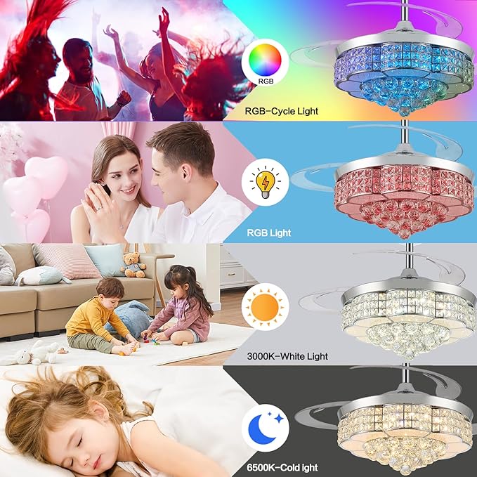 48" RGB Bluetooth Ceiling Fan with Light and Speaker, Retractable Blades Crystal Fandelier Music Player LED Chandelier Silver