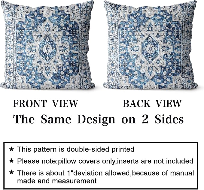Snycler Boho Throw Pillow Covers 26x26 inch Set of 2 Blue Boho Rug Carpet Double Sided Pattern Cotton Soft Pillow Case Cushion Cover Pillowcase for Couch Sofa Bed Decorative