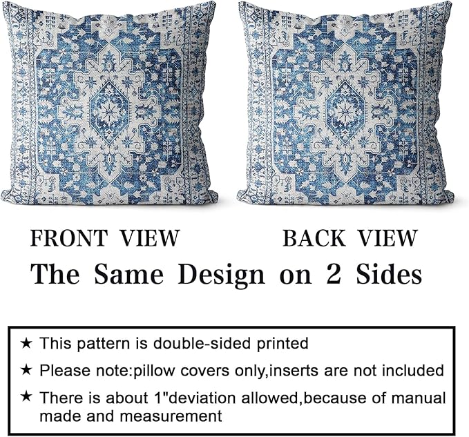 Snycler Boho Throw Pillow Covers 18x18 inch Set of 2 Blue Boho Rug Carpet Double Sided Pattern Cotton Soft Pillow Case Cushion Cover Pillowcase for Couch Sofa Bed Decorative