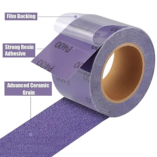 MAXMAN 80 Grit Sandpaper Roll, PSA Purple Film Ceramic Longboard Sand Paper, 2-3/4" Wide Continuous 20 Yard Long Continuous Roll, Self Adhesive Stickyback for Auto, Wood, Metal, Hand Sanding Blocks
