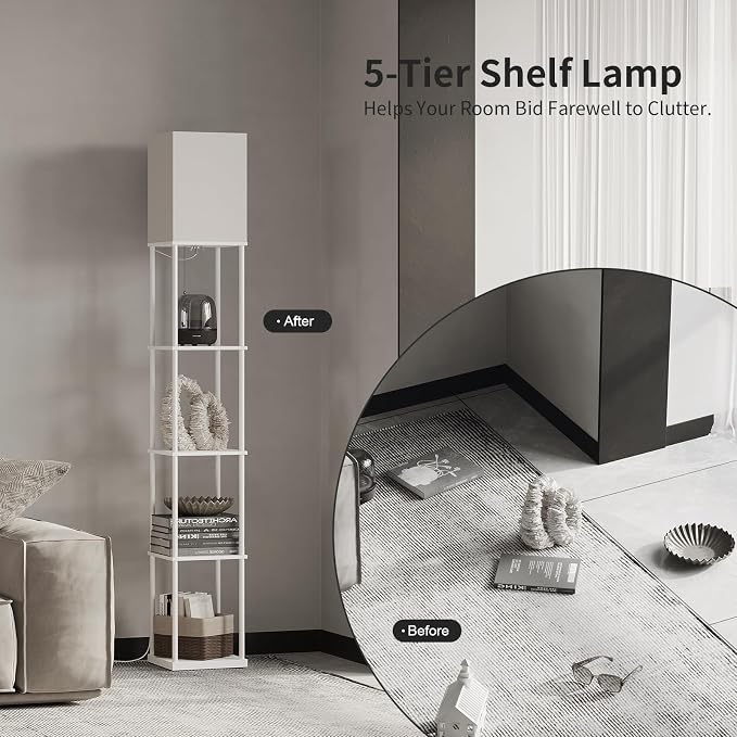 SUNMORY 5 Tier Floor Lamp with Shelves, Modern Square Standing Lamp with 3 Color Temperature Bulb, Corner Display Bookshelf Lamp for Living Room and Bedroom, Tall Shelf Floor Lamp White