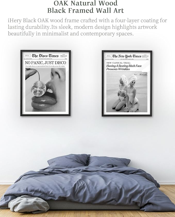 iHery 16x20in No Panic Just Disco Black Framed Newspaper Wall Art | Premium Black Natural OAK Wood Frame with Canvas Print, Retro Disco Ball Decor for Bedroom, Girl Dorm, Living Room 1Pack