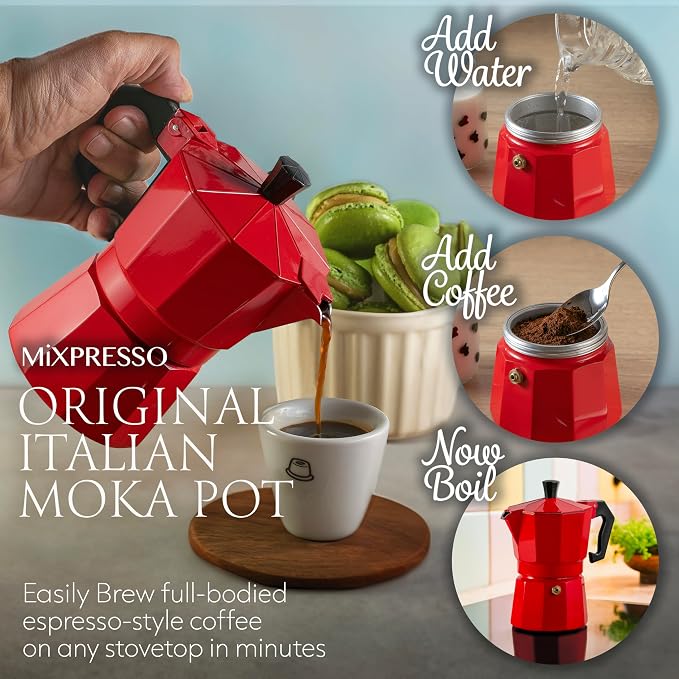 Mixpresso 3 Cup Moka Pot Stovetop Espresso Maker, Italian Cuban Coffee Pot | 5oz aluminum Italian coffee maker for gas and electric stovetops, small design for traditional coffee at home, Mug 4.4 Oz