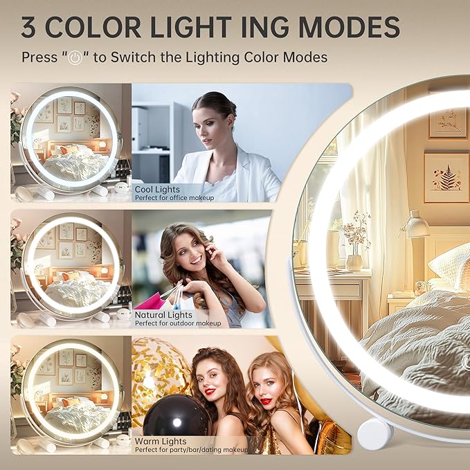 Hasipu Vanity Mirror with Lights, 11" x 11" LED Makeup Mirror with Small 10X Magnifying Mirror, Lighted Makeup Mirror with Lights, Smart Touch Control 3 Colors Dimmable Mirror White