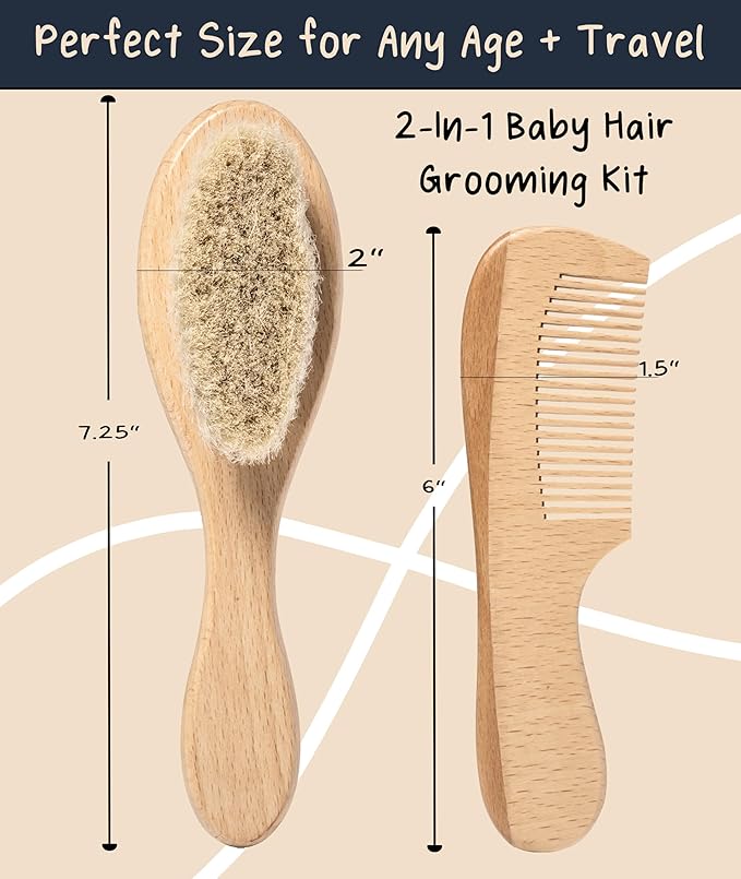 Baby Hair Brush & Comb Set, Wood Hair Brush with Soft Goat Bristles and Comb, Newborn Infant & Toddler for Cradle Cap