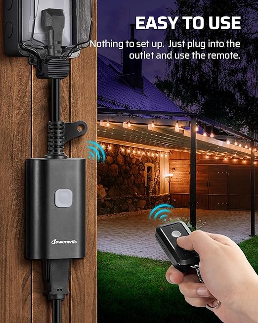 DEWENWILS Outdoor Remote Control Outlet, 15A Wireless Remote Control Switch, 100FT Control Range&14AWG SJTW Power Cord, for Lights Outdoor Appliances, 2 Remote Controls+1 Outlet