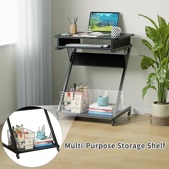 ALISENED Computer Desk for Small Spaces Compact Desk with Keyboard Tray | 23.6" Z-Shaped, with Wheels and Bottom Shelves, for Home Office, Computer Cart Mobile Laptop Cart, Black