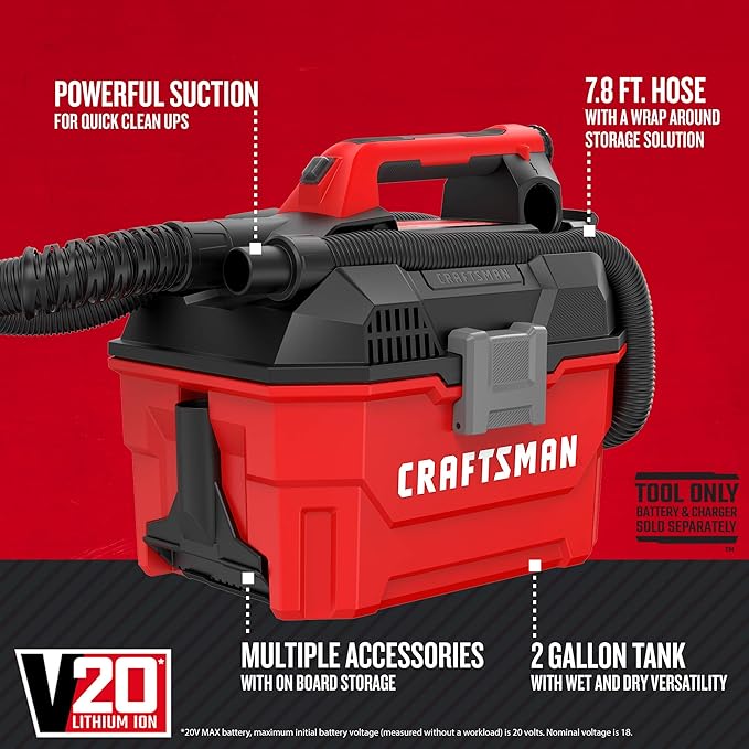 CRAFTSMAN V20 Cordless Vacuum Cleaner, Shop Vac Wet/Dry, 2 Gallon, 7ft Hose, Bare Tool Only (CMCV002B)
