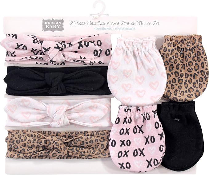 Hudson Baby baby-girls Cotton Headband and Scratch Mitten Set