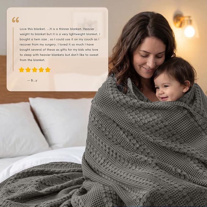 PHF 100% Cotton Waffle Weave Throw Blanket, Lightweight Breathable Summer Blanket for Couch Sofa, Pre-Washed Soft Throws for Bed, Office, Travel & Stylish Home Decor, 50"x60", Charcoal Grey