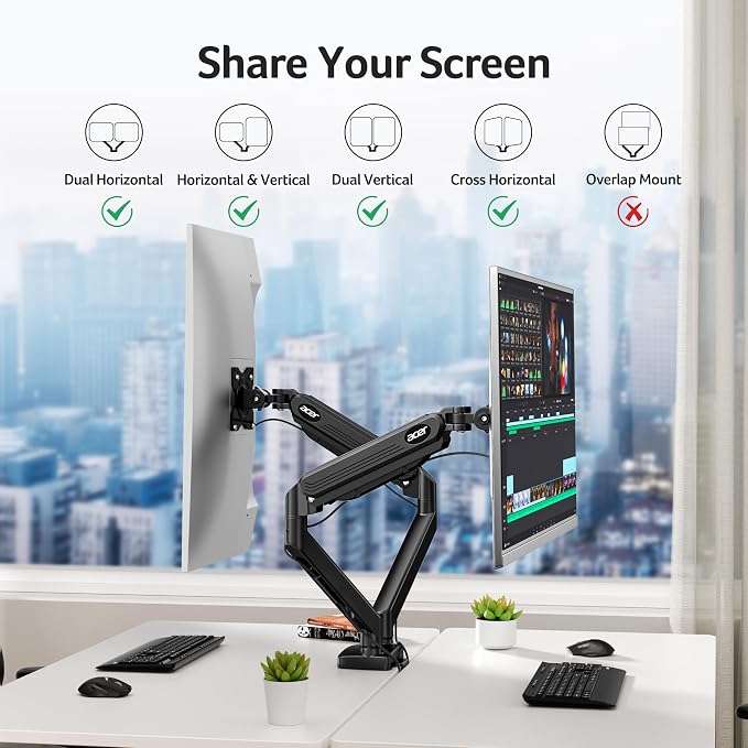 Acer Dual Monitor Arm, Computer Desk Arm with VESA Mounts for 17–32″ Screens, Fully Adjustable Gas Spring Monitor Stand, C-Clamp and Grommet Mounting Base, Fits 4.4 to 19.8lbs Computer Monitors