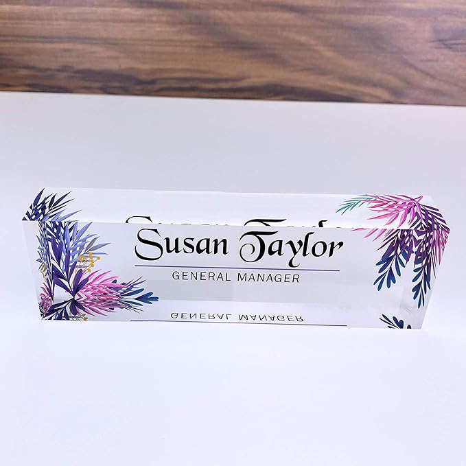Artblox Office Desk Name Plate Personalized | Custom Name Plates for Desks | Leaf Purple Design On Clear Acrylic Glass | Office Desk Decor - (8" x 2.5")