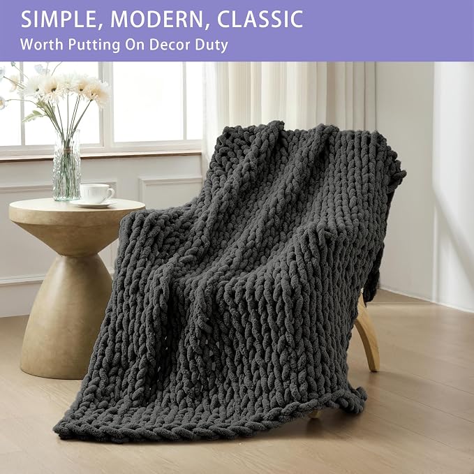 Bigacogo Chunky Knit Throw Blanket for Couch, 80x90 inches, Dark Grey | Hand Knit with Jumbo Chenille, Soft Breathable Cable Knit for Sofa Bed Living Room, Machine Washable, Gift for Mom Friend