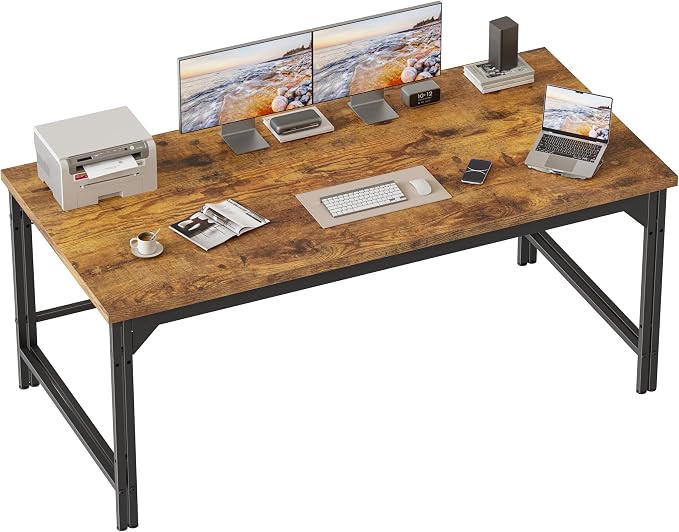 Mericonia 54 Inch Computer Desk, 1" Thick Large Office Table, Brown | Modern Simple Style, Heavy Duty Industrial Frame, Study & Writing Table for Home Bedroom Work