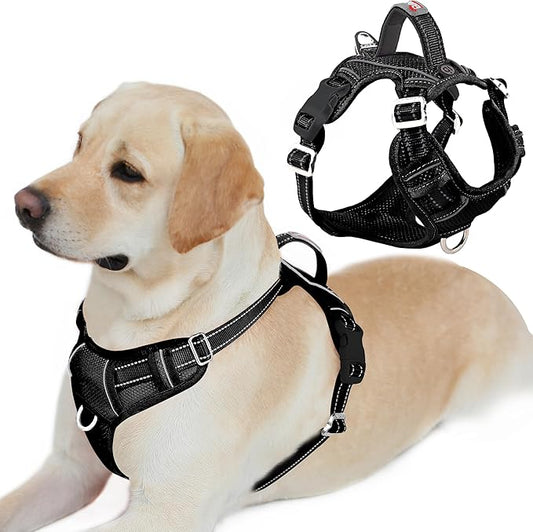 BARKBAY Dog Harness No Pull with ID Tag Pocket - Heavy Duty, Reflective, Easy Control for Large Dogs(Black,L)