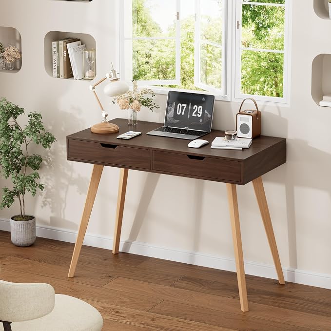 FOTOSOK White Computer Writing Desk with 2 Drawers, Small Desk Makeup Vanity Table Wood Desk with 4 Oak Legs, Modern Home Office Desk Console Study Table, Walnut