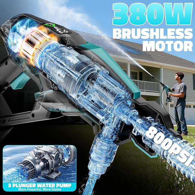 Cordless Pressure Washer Battery Powered, Powerful Handheld Portable Pressure Washer with Brushless Motor, 1 x 4.0Ah Battery & Charger, 6-in-1 Nozzle and Storage Handbag, 3 Power Level for Yard/Car