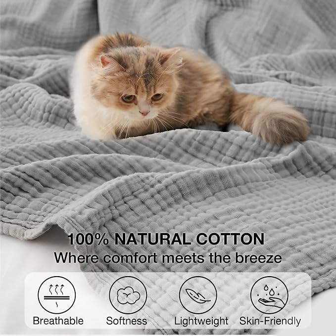 100% Cotton Muslin Blanket Twin 66" x 90", Breathable and Lightweight Cotton Twin Blankets for Couch, Soft Cooling Summer Gauze Blanket for Adults All Season, Light Grey