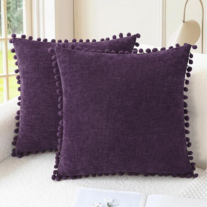CaliTime Decorative Couch Throw Pillow Covers 22 X 22 Inches Plum Purple | Pack of 2, Cozy Chenille Cushion Cases, with Pom Poms for Sofa Bed Living Room Farmhouse Home