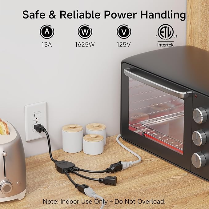 [ETL Listed] Cable Matters 2-Pack 3 Outlet Power Splitter Cord - 1.5ft, NEMA 5-15P to 3X NEMA 5-15R, 16 AWG Outlet Saver, 3 Way Extension Cord Splitter