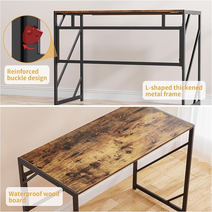 Elephance Folding Desk Writing Computer Desk for Home Office No-Assembly | Study Office Desk,Foldable Table for Small Spaces,31.5 Inch,Rustic Brown